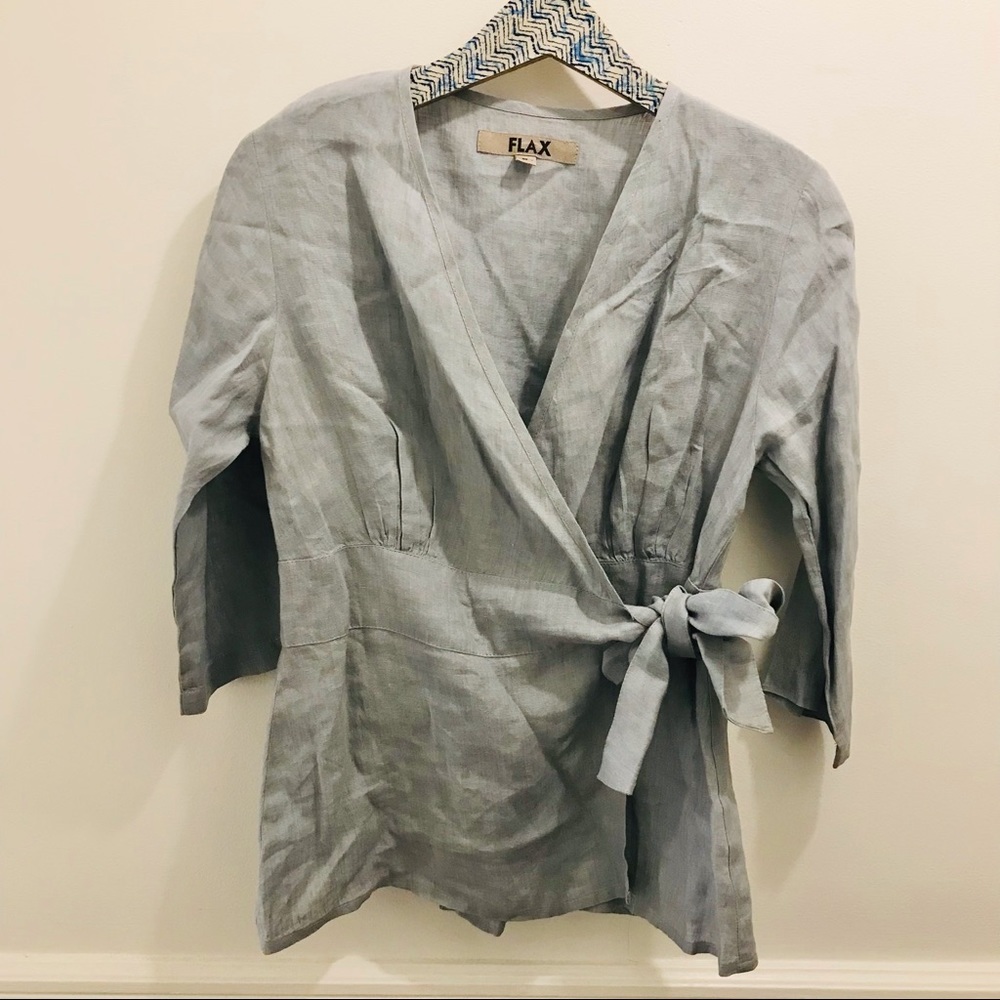 Flax Linen Wrap Top 4 6 XS Blue shirt blouse